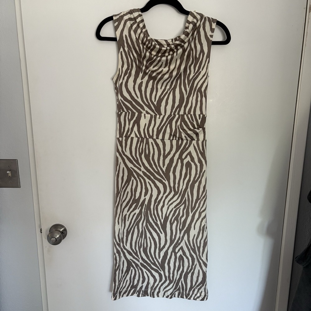 Pure Collection 100% silk Animal Print Zebra Bodycon Tan Ivory Midi Size 4